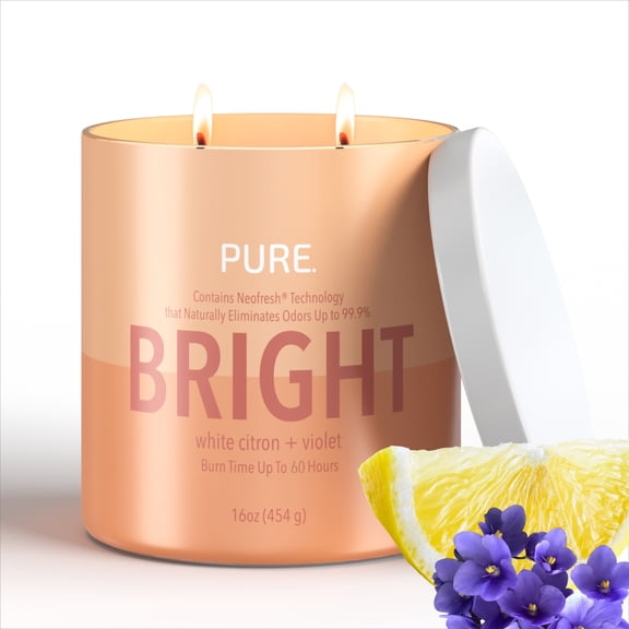 Candle-Lite Pure White Citron & Violet Odor Eliminating Scented Candles, Neofresh Technology Eliminates 99.9% of Odors, 16 oz 2-Wick Jar, Proudly Poured in the USA, 44-60 Hours Burn Time