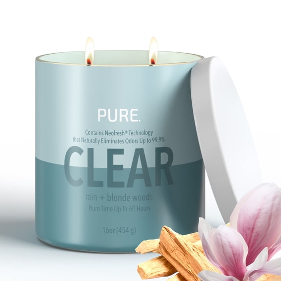 Candle-Lite Pure Rain & Blonde Woods Odor Eliminating Scented Candles, Neofresh Technology Eliminates 99.9% of Odors, 16 oz 2-Wick Jar, Proudly Poured in the USA, 44-60 Hours Burn Time
