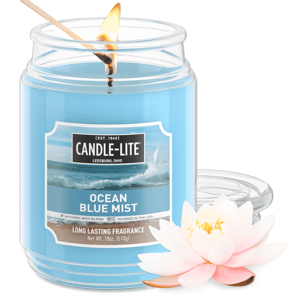 CANDLE-LITE Scented Ocean Blue Mist Fragrance, One 18 oz. Single-Wick Aromatherapy Candle with 110 Hours of Burn Time, Light Color (Individual Box)