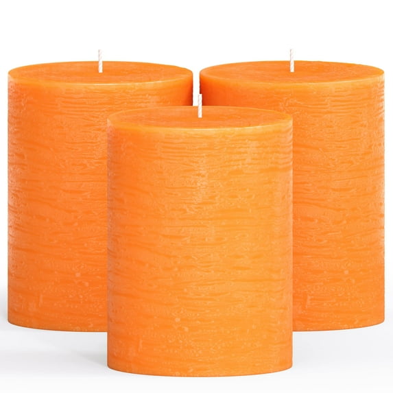 CANDWAX 3x4 Pillar Candle Set of 3 - Decorative Rustic Candles Unscented and No Drip Candles - Ideal as Thanksgiving Candles or Large Candles for Home Interior - Orange Candles