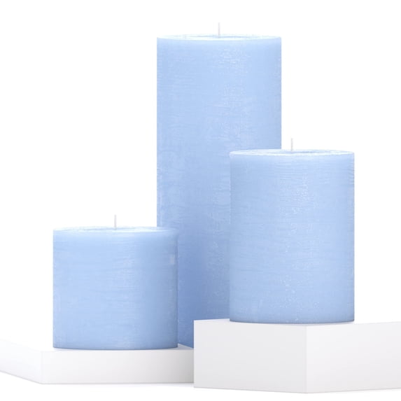 CANDWAX Assorted Candles Pillar - Set of 3 Rustic Pillar Candles Includes 3", 4" and 8" Unscented Candles - Long Burning Candles Ideal as Wedding Candles and Candles for Home - Light Blue Candles