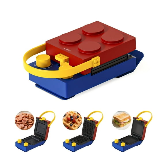 CANDY 3-in-1 Waffle Maker Panini Press, Red, Removable Plates, Compact Design