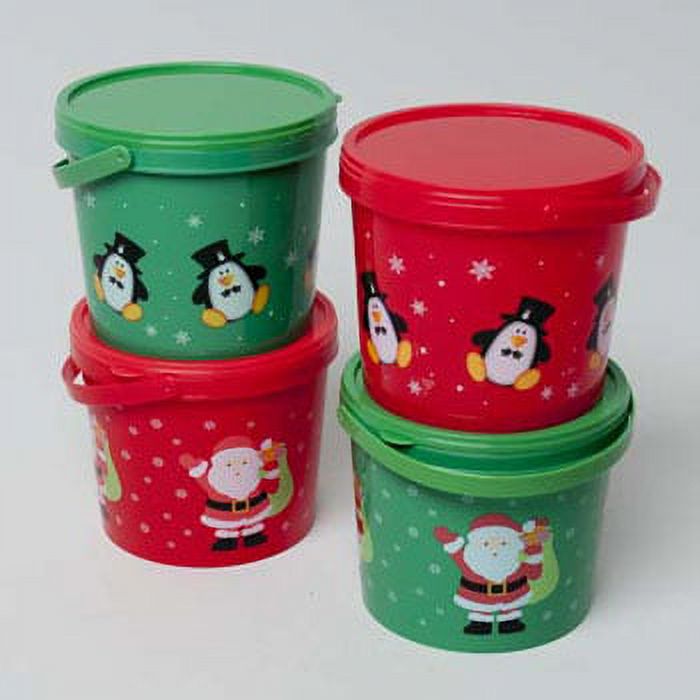 CANDY BUCKET W/LID PLASTIC CHRISTMAS PRINTS 2COLORS, Case Pack of 48