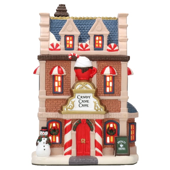 Light-Up Porcelain Candy Cane Cafe Christmas Village Building, Multicolor, 9", by Holiday Time