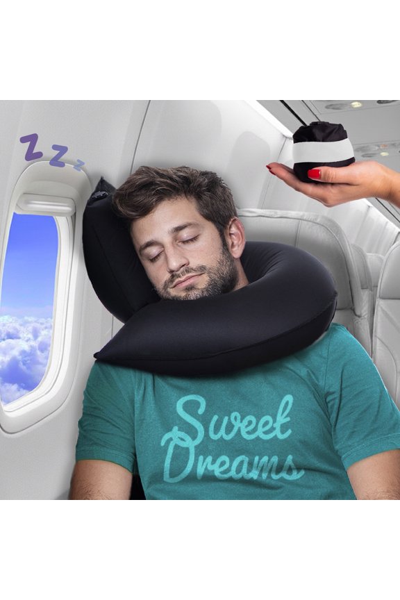 Inflatable Neck Pillow for Airplane Travel with J-shaped Design and 360 Support - Window Leaning Head & Chin Rest for Long Flights - Compact Blow up for Air Travel