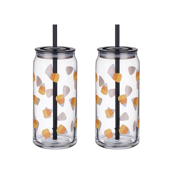 Way To Celebrate Candy Corn Glass Can Sipper, 20 oz, 2-Pack