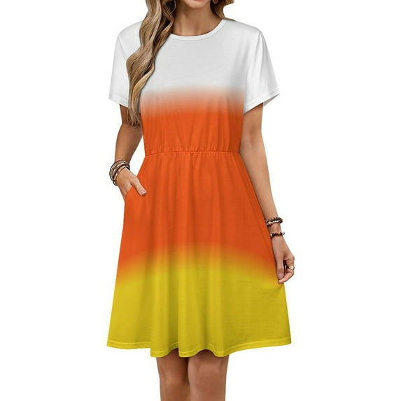 CANDY CORN Colors Ombre Short Sleeve Dress Women Summer Evening Dresses Ladies Sundress