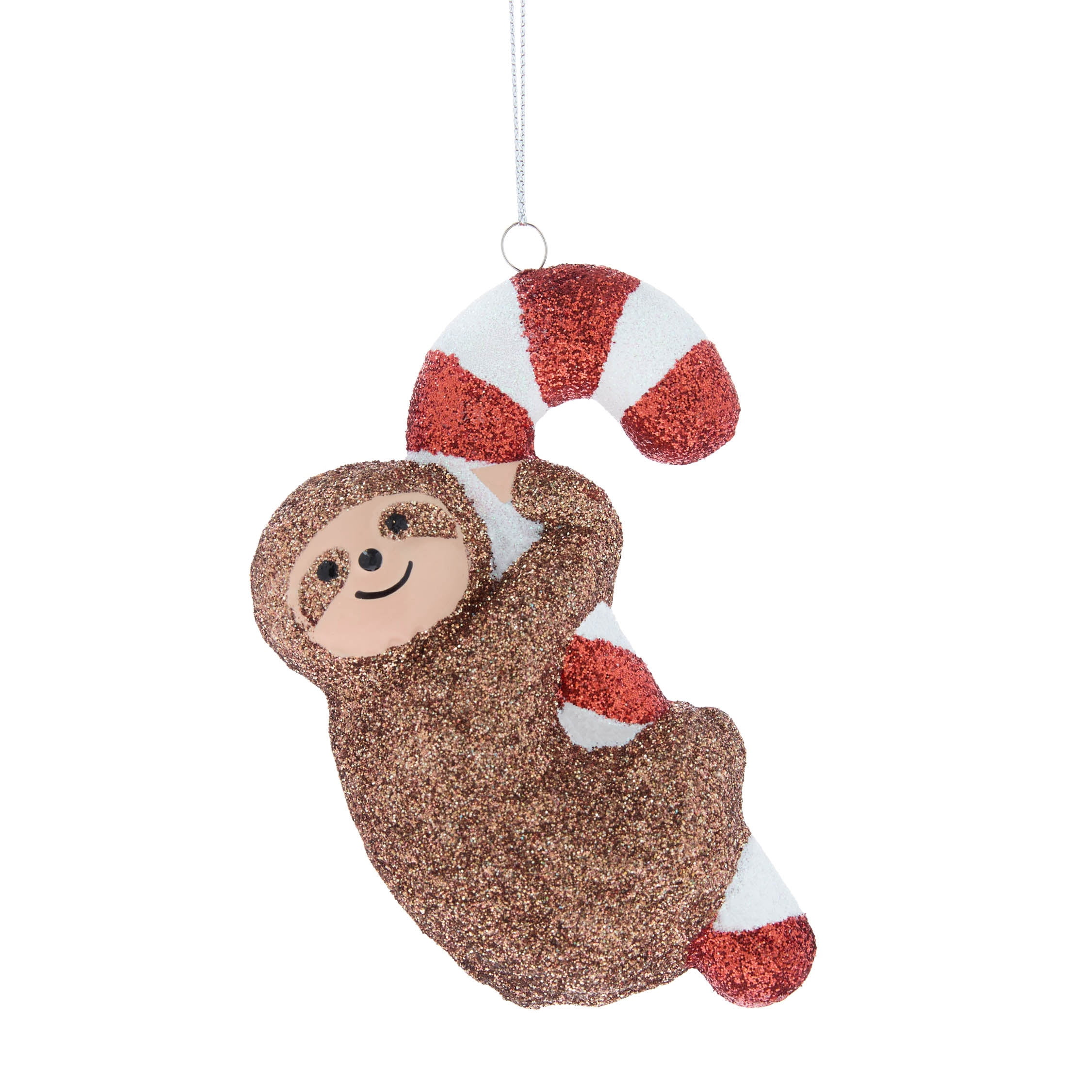 Brown/Red/White Glitter Sloth with Candy Cane Christmas Ornament, 4.3", by Holiday Time