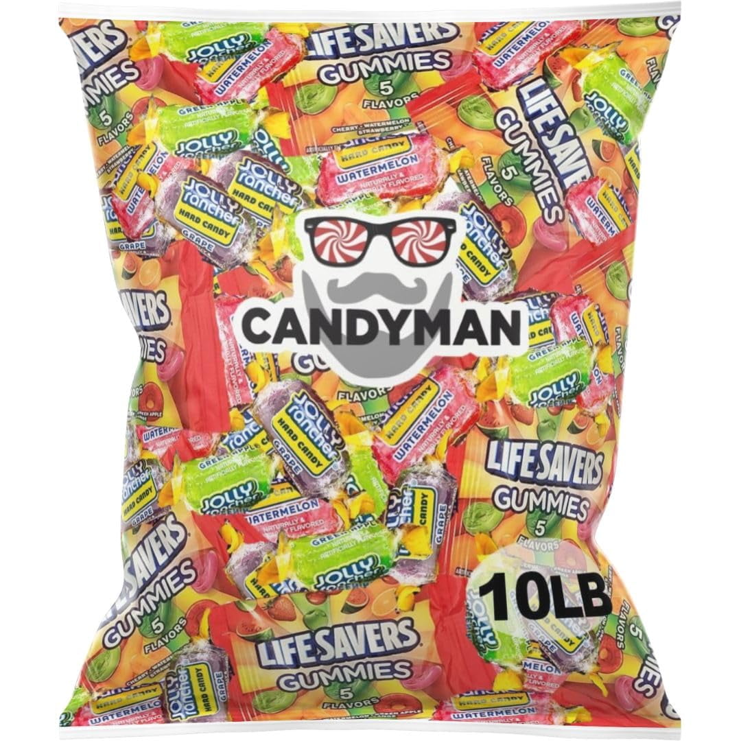 CANDYMAN 10 Pound Mixed Candy Bundle of Half Jolly Ranchers Hard Candy Half Lifesavers Gummies Candy, Bulk Candy Self Care Kit of Rainbow Candy for Snack Boxes for Kids and Adults