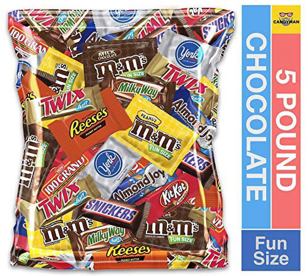CANDYMAN Bundle of (5 Pound) Variety Assortment Chocolate Mix Bulk Pack M&M's Peanut, M&M's Plain, Reese's Peanut Butter Cups, Snickers, Kit Kat, Milky Way, Almond Joy, 100 Grand, York Peppermint Patt