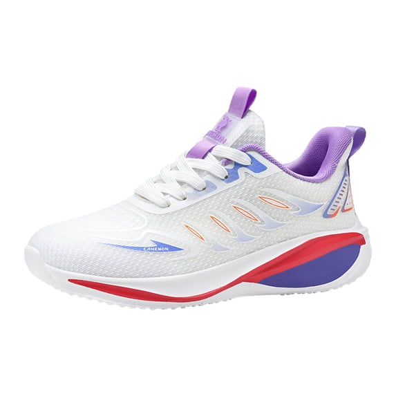 CANEMON Men's Lightweight Breathable Lace-Up Walking Sneakers, White/Purple, Size 5