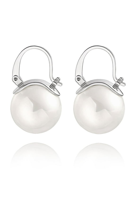 14mm Big Pearl Drop Earrings, Simple Silver Huggie Hoop Earrings, Dainty Wedding Jewelry for Bridal