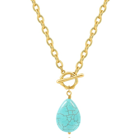 CANEVINKA 18K Gold Plated Turquoise Teardrop Pendant Necklace Statement Oval Link Chain Necklace Handmade Jewelry for Women
