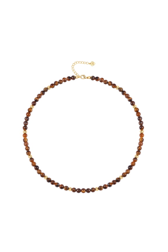 Tiger Eye Beaded Choker, Healing Crystal Necklace for Women, 18k Gold Plated Bead Charm Necklace