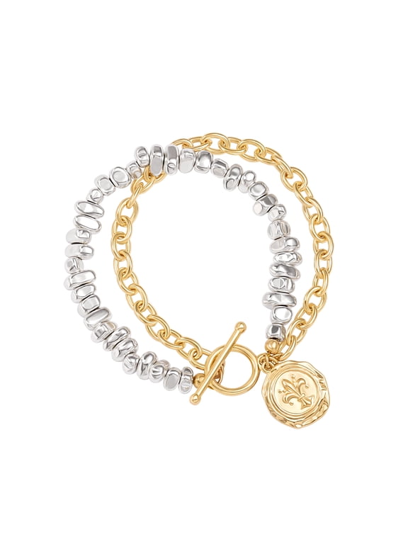 Two Tone Layered Bracelets for Women, Gold and Silver Mixed Metal Bracelet, Chunky Statement Coin Charm Bracelet with Toggle
