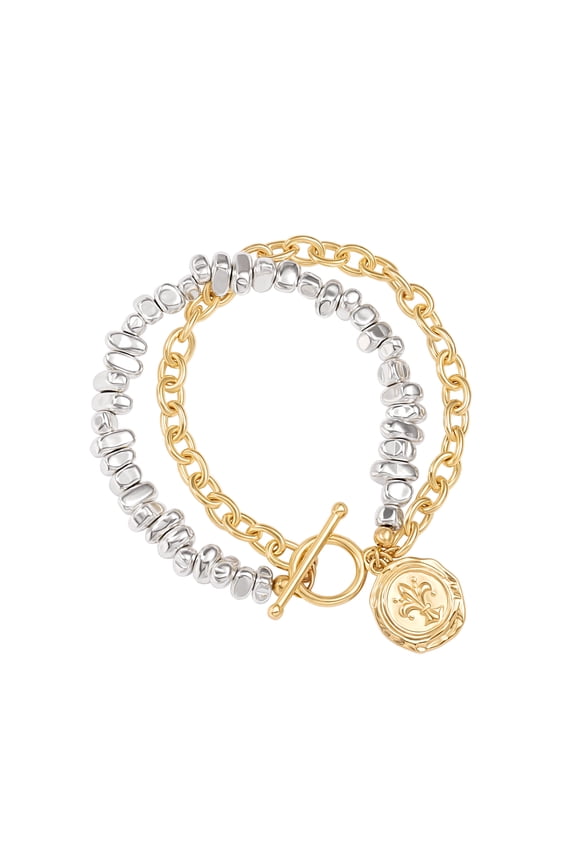 Two Tone Layered Bracelets for Women, Gold and Silver Mixed Metal Bracelet, Chunky Statement Coin Charm Bracelet with Toggle