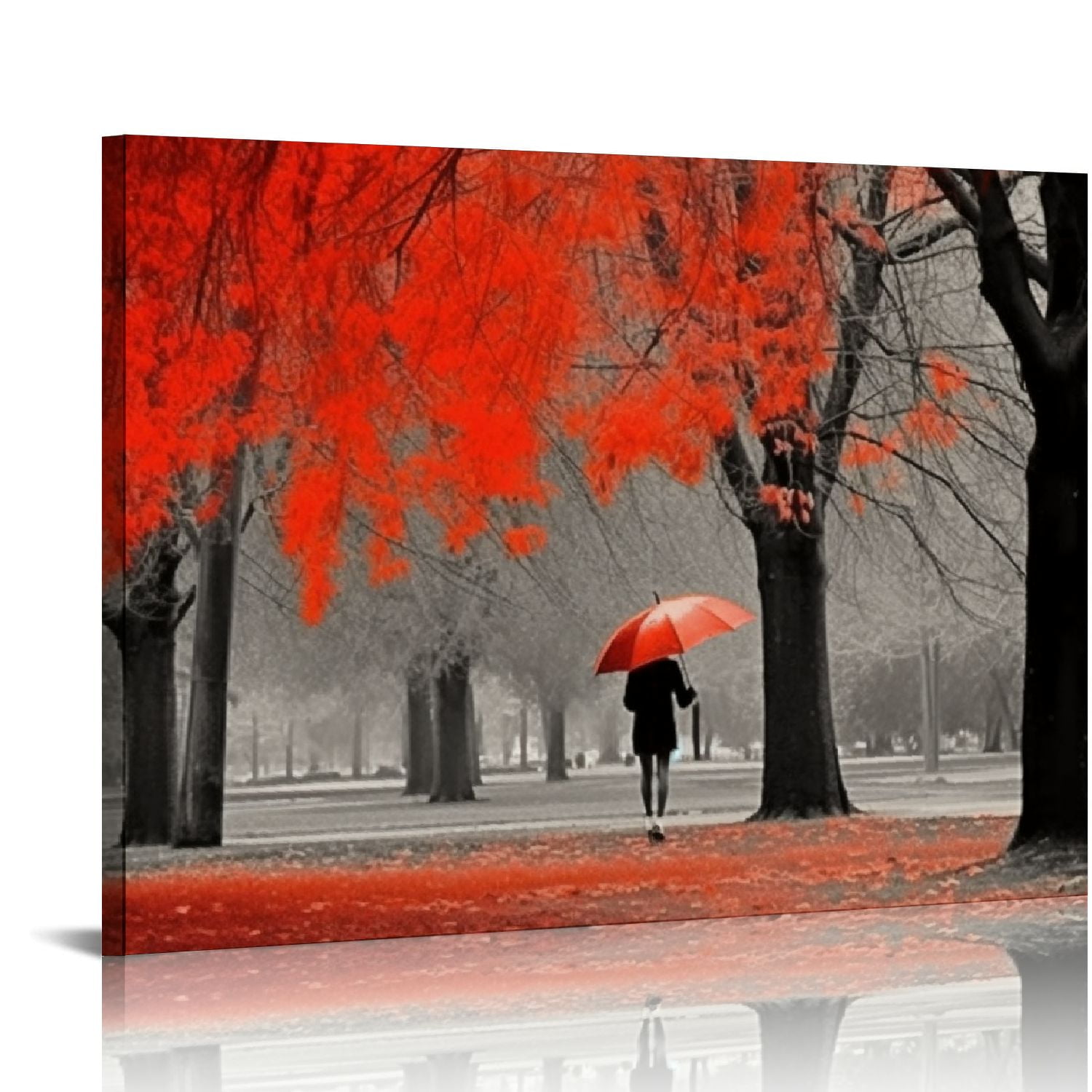CANFLASHION Bathroom Wall Art Gray Red Wall Decor Forest Canvas Painting Tree Prints Art Scenery