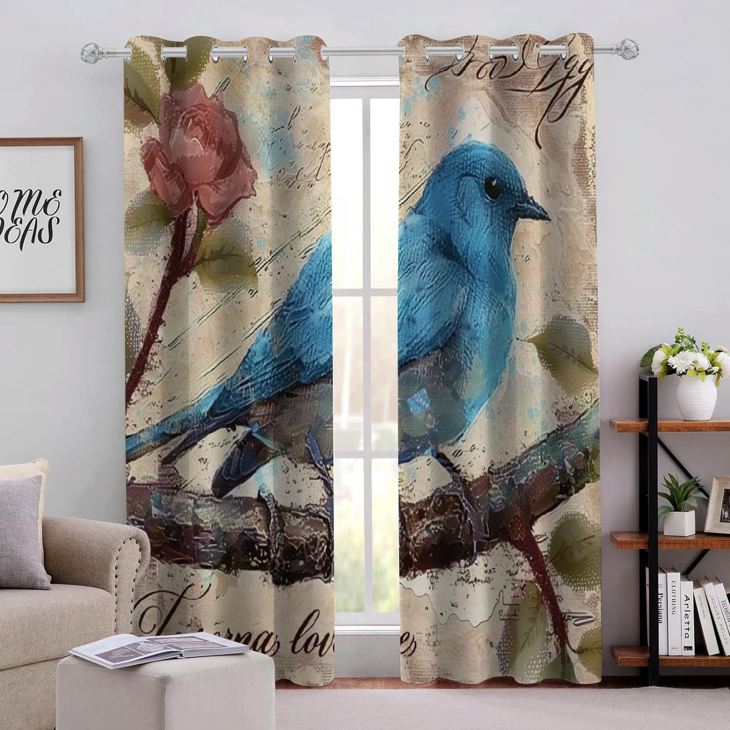 CANFLASHION Blue Bird Branch Love Always Perforated Blackout Curtains 2