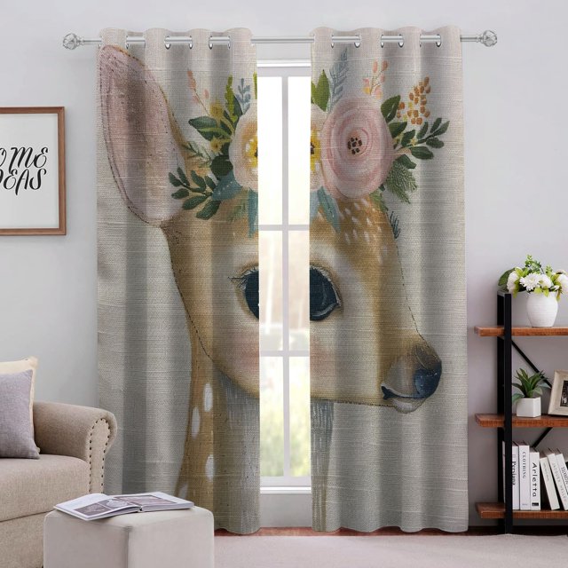 CANFLASHION Deer Flower Crown Folk Art Perforated Blackout Curtains 2