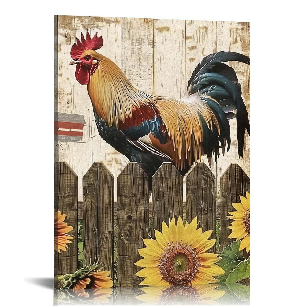 CANFLASHION Farm Animal Canvas Wall Art Cow Rooster Pig with Sunflower Blooming Vintage