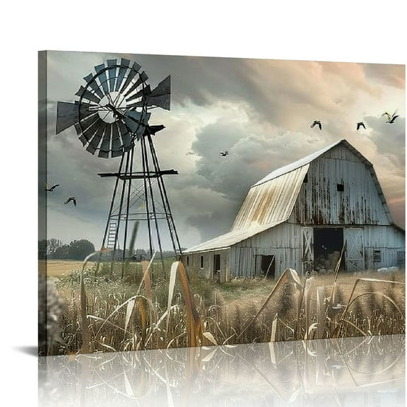 CANFLASHION Farmhouse Old Barn Framed Canvas Wall Art, Old Barn and Windmill Canvas Wall Art Print, Vintage Country Old Barn Pictures Wall Art, Farmhouse Style Wall Decor for Bathroom