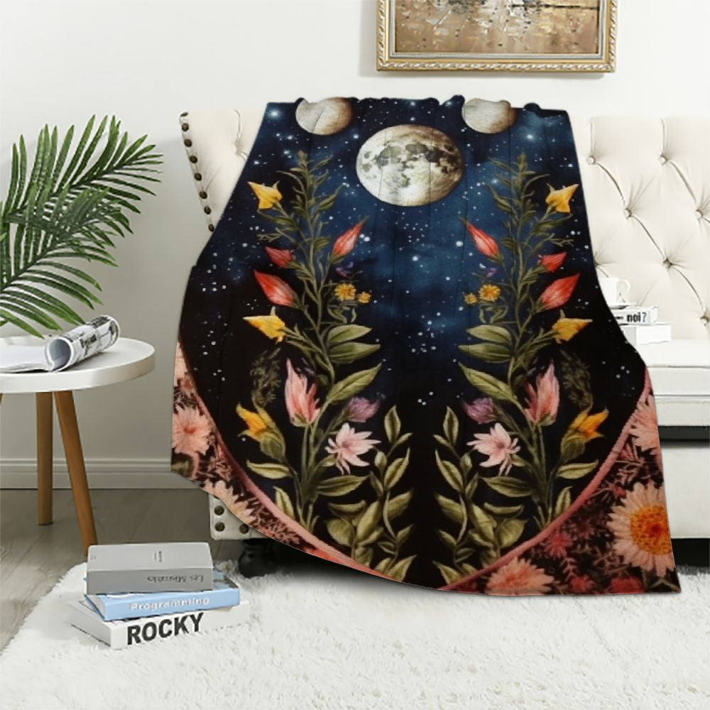 CANFLASHION Moonlit Garden Throw Blanket, Moon Phase Surrounded by Vines and Flowers Black Cozy