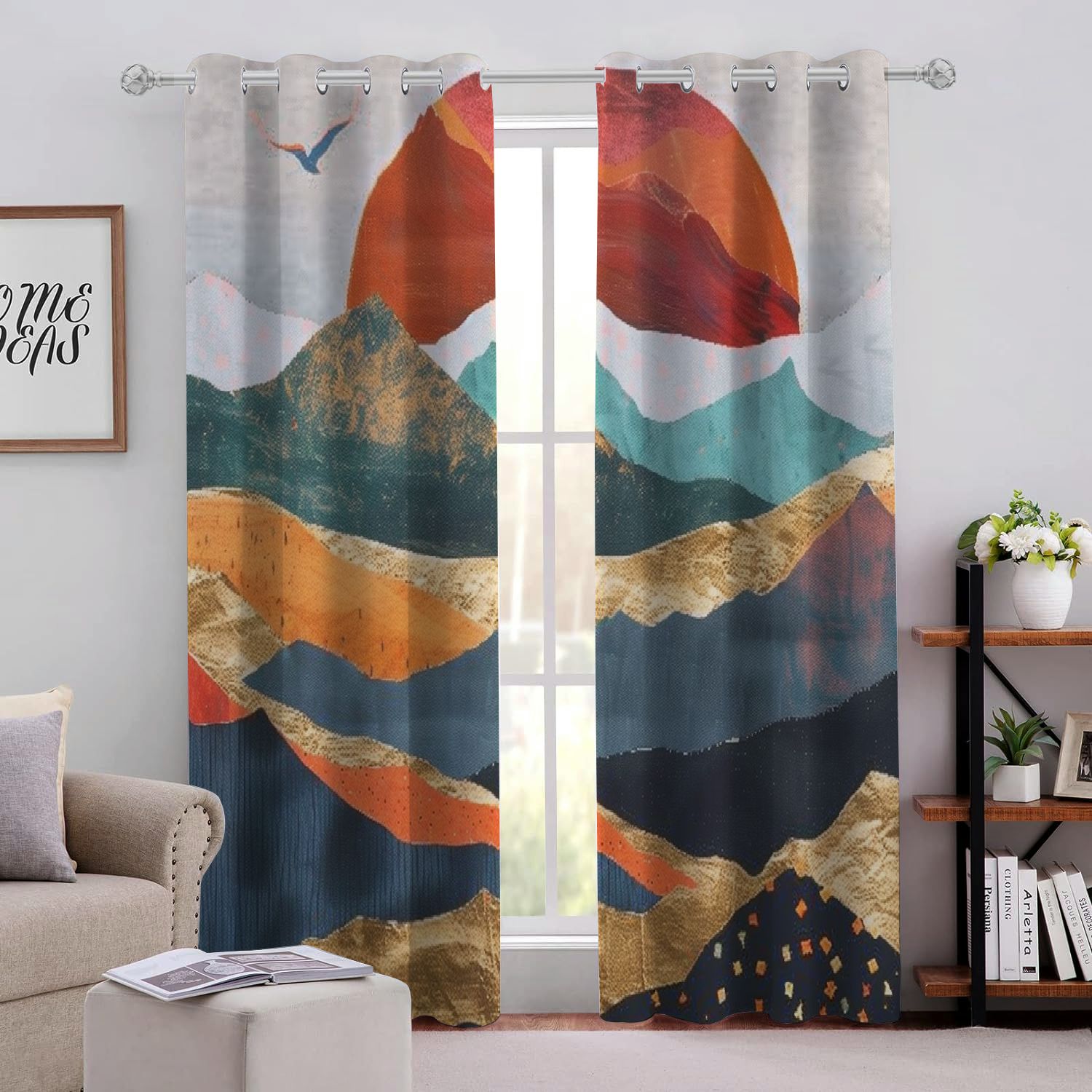 CANFLASHION Mountains Sun Bird Perforated Light Blocking Curtains 2