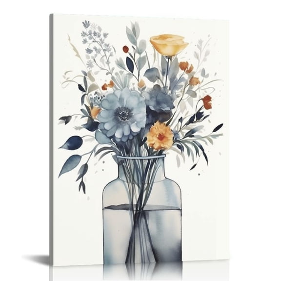 CANFLASHION Navy Flowers Canvas Wall Art Watercolor Style Abstract Floral Pictures for Bathroom Wall Decor Elegant Botanical Canvas Painting Modern Indigo Blue Simple Life Canvas Print Artwork