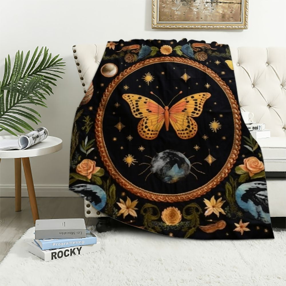 CANFLASHION Orange Butterfly Moon Flower Throw Blanket, Botanical