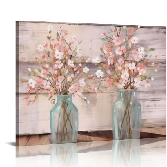 CANFLASHION Pink Floral Pictures Wall Decor Pink and Grey Flowers in Vase Canvas Art Painting Farmhouse Decoration