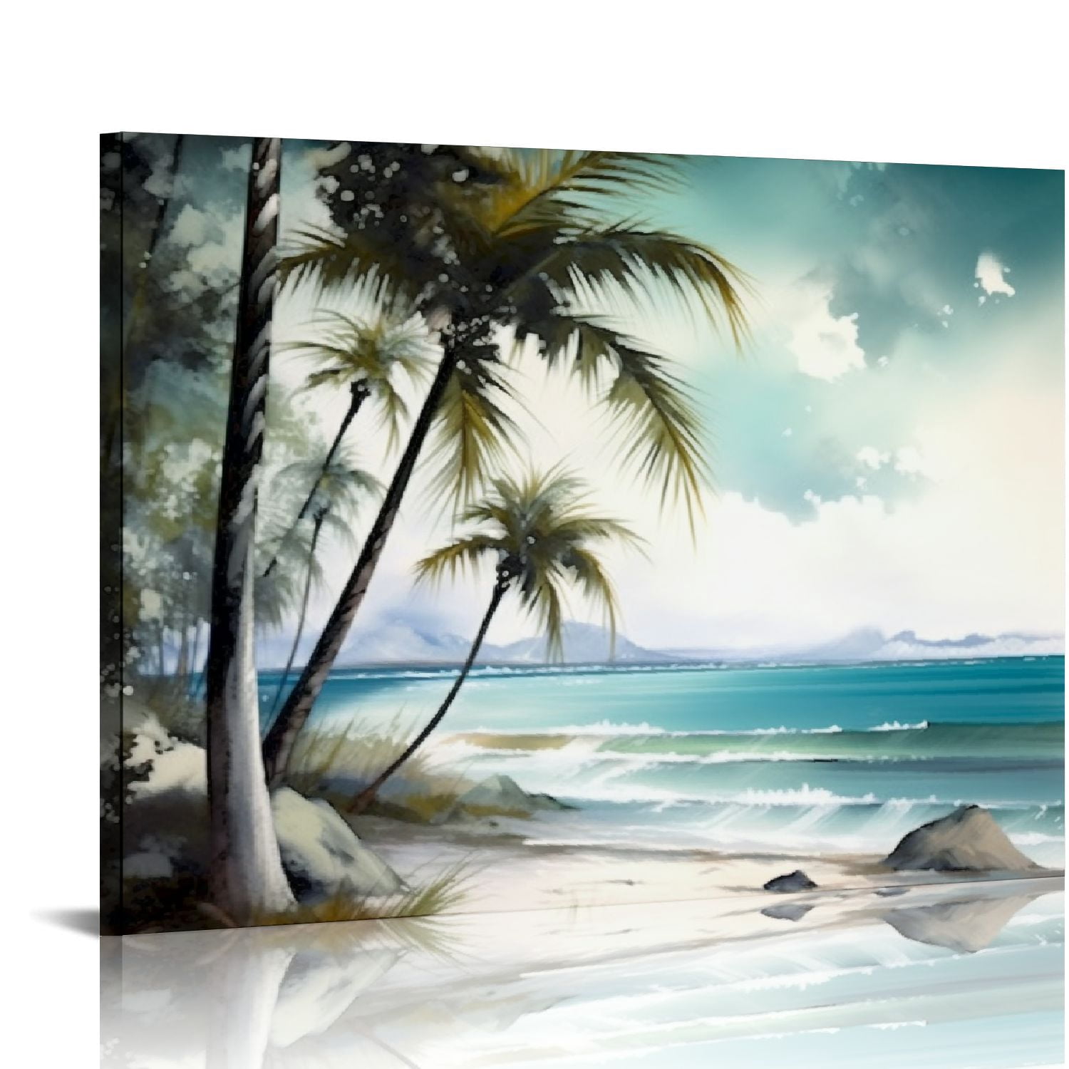 CANFLASHION Tropical Beach Canvas Wall Art Abstract Teal Blue Coastal ...