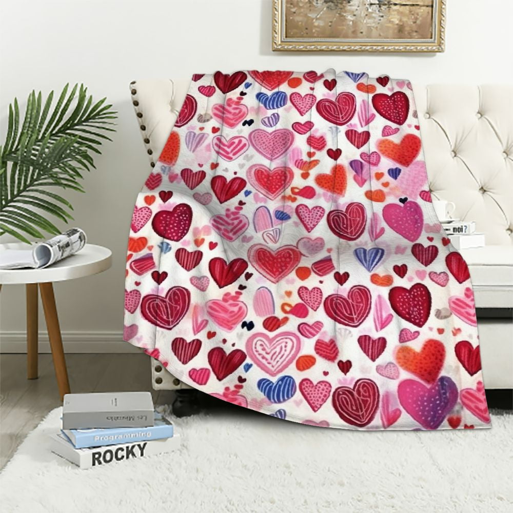 CANFLASHION Valentine's Day Fuzzy Blanket Watercolor Love Heart Throw
