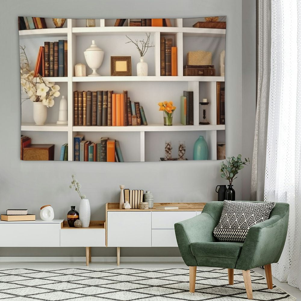 CANFLASHION White Bookshelf Tapestry Bookcase Tapestry Home Office