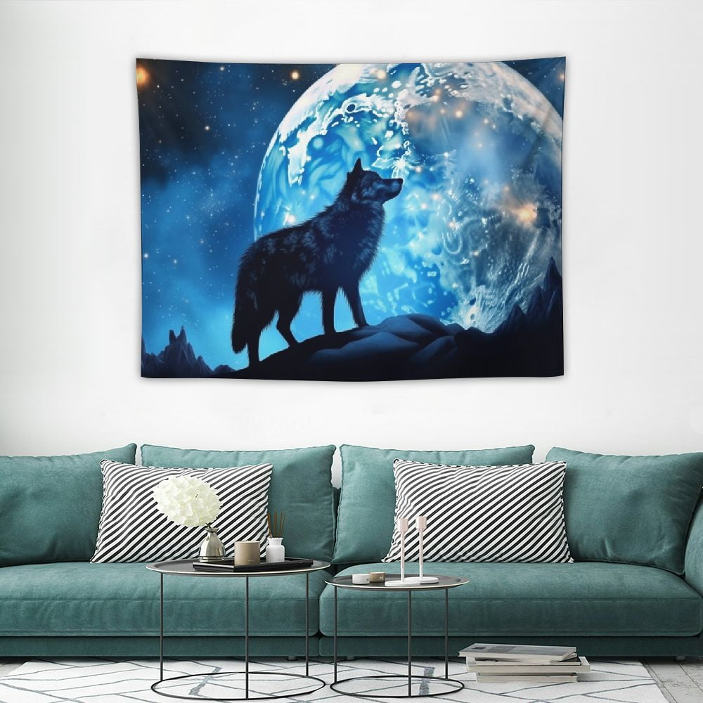 CANFLASHION Wolf Tapestry Wall Hanging Full Moon in Blue Space
