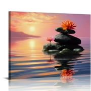 CANFLASHION Yoga Room Wall Decor, Canvas Print Zen Concept Art Poster, Spa Stones and Waterlily in Lake at Sunset Picture, Bathroom Meditation Room Decoration