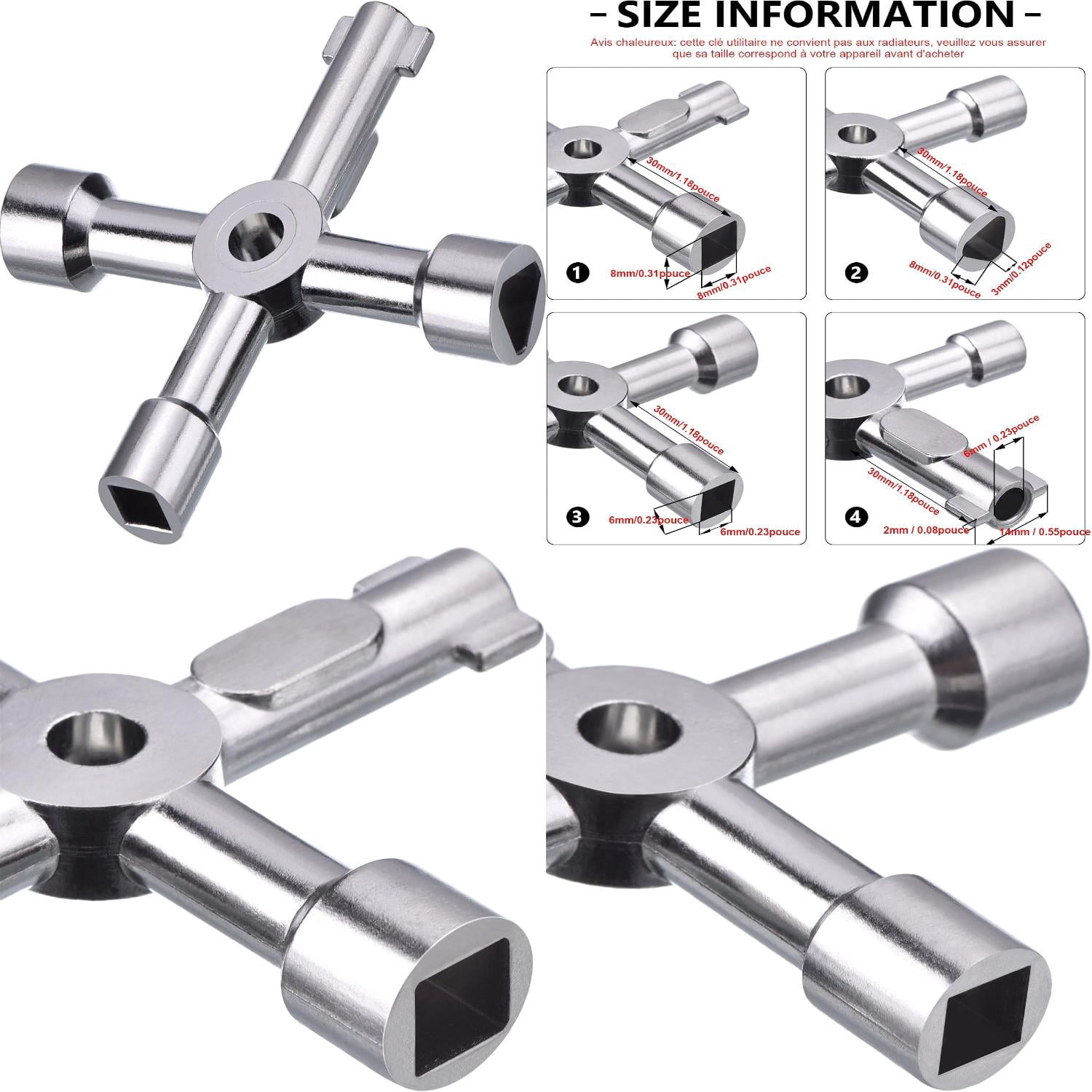 4-Way Multi-Function Utility Key - Plumbing Key For Water/Gas/Electric Meter Boxes (Type D, Silver)