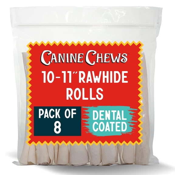 CANINE CHEWS 10-11" Dental Coated Jumbo Rawhide Retriever Rolls | Breath Freshening & Long Lasting Dental Chews | Teeth Cleaning Aggressive Chewers For Dog Treats (Pack Of 8)