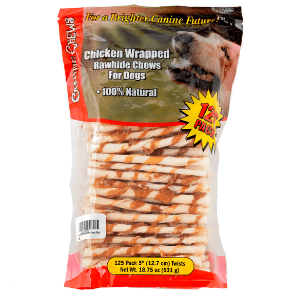CANINE CHEWS 5" Chicken-Wrapped Rawhide Twist Stick Chews for Dogs (18.75 oz) | All-Natural Long-Lasting Dental Treats For Small Dogs (125 Pack)