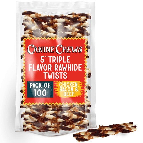 CANINE CHEWS 5" Triple Flavor Rawhide Stick Twists | Chicken Dental Stick For Small Dog Treats | Pork & Beef Flavor Chew Toy (Pack Of 100)