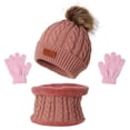 thumbnail image 1 of CANKER 3 Pcs Winter Warm Baby Solid Color Hat Gloves Scarf Set Fur Ball Beanies Cap Mitten Scarves Kit for Toddler Girls Boys Knitted Hemming Hat, 1 of 17