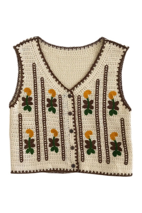 Boho Women Crochet Knit Vest Waistcoat Vintage Colorful Floral Pattern Sleeveless Cardigan Jacket Hippie V-Neck Crop Top