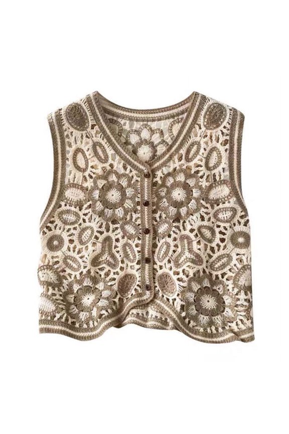 Boho Women Crochet Knit Vest Waistcoat Vintage Colorful Floral Pattern Sleeveless Cardigan Jacket Hippie V-Neck Crop Top