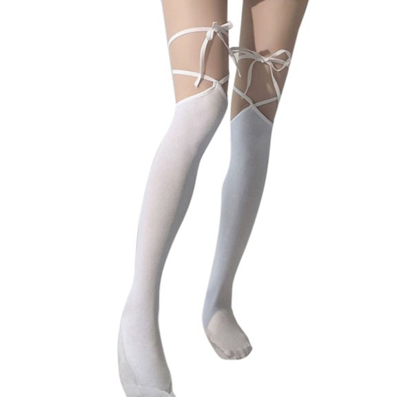CANKER Japanese Style Women Lolita Thigh High Socks Harajuku Gothic Criss Cross Lace-Up Bandage Student Over Knee Stockings
