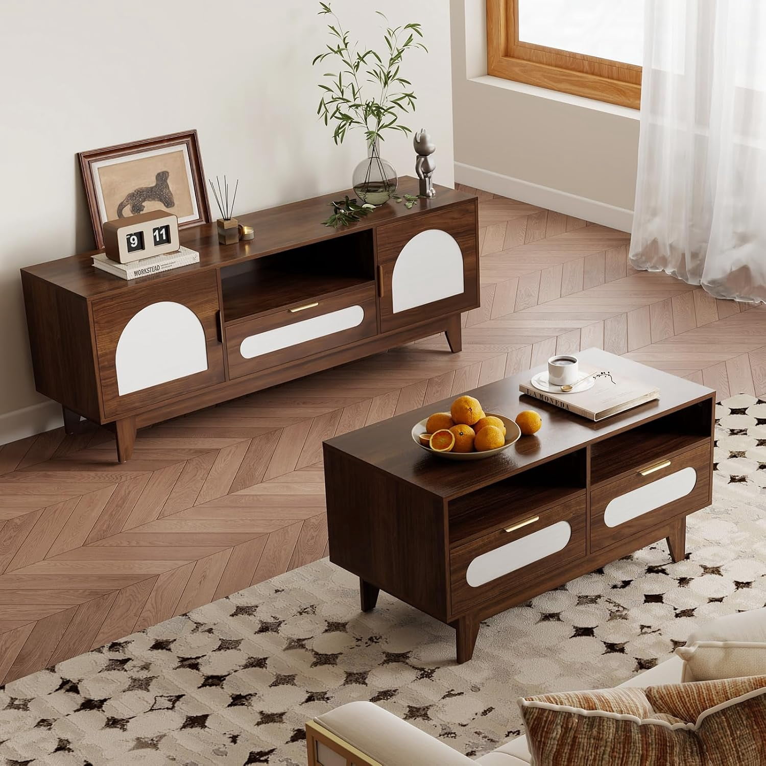 CANMOV Coffee Table and TV Stand Set of 2, Mid Century Modern TV ...