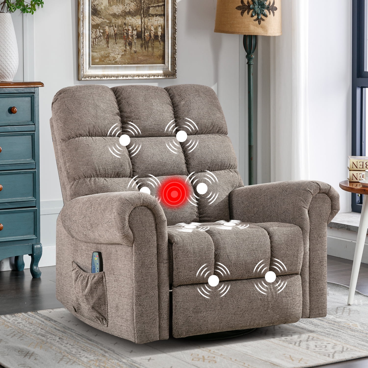 CANMOV Massage Swivel Rocker Recliner Chair with Heat and Vibration, 360 Degree Swivel Manual