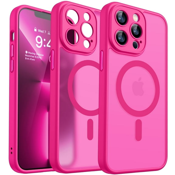 CANSHN Magnetic Compatible with iPhone 13 Pro Case, Upgraded [Full Camera Protection] [Compatible with Magsafe] [Translucent Matte] Shockproof Protective Phone Case Cover 6.1 Inch - Hot Pink