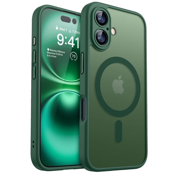 CANSHN Magnetic Compatible with iPhone 16 Case, Upgraded [Full Camera Protection] [Compatible with Magsafe] [Translucent Matte] Shockproof Protective Phone Case Cover 6.1 Inch - Deep Green