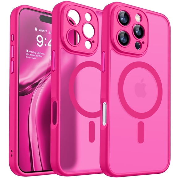 CANSHN Magnetic Compatible with iPhone 16 Pro Case, Upgraded [Full Camera Protection] [Compatible with Magsafe] [Translucent Matte] Shockproof Protective Phone Case Cover 6.3 Inch - Hot Pink