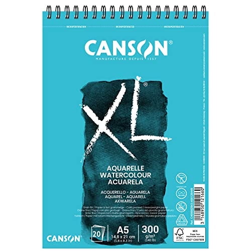 CANSON XL Watercolour 300gsm A5 Paper, Cold Pressed, Spiral Pad Short Side, 30 White Sheets, Ideal for Professional Artists