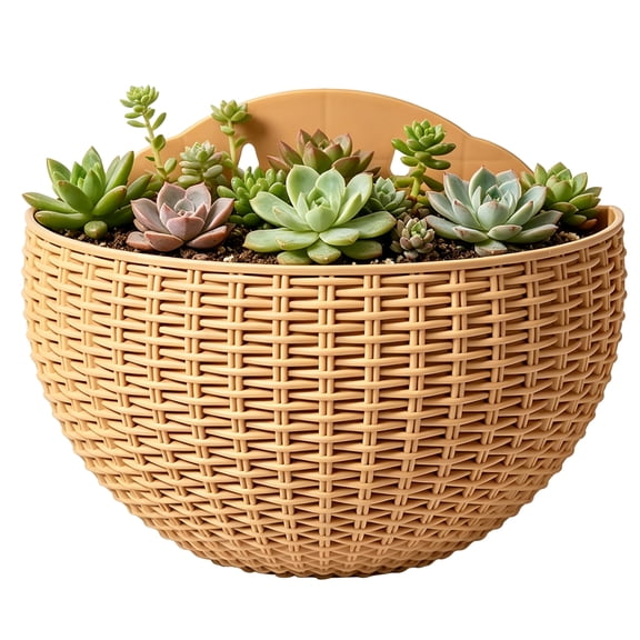 CANTAPVA Wall Hanging Planter, Semi-Circular Rattan-Look Wall Mounted Flower Pot, No-Drill Hanging Basket for Indoor Outdoor, Self-Watering Wall Planter for Plants, Herbs, Garden, Balcony